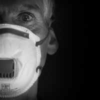 man with face mask, b&w