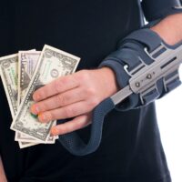 man with broken arm showing dollars