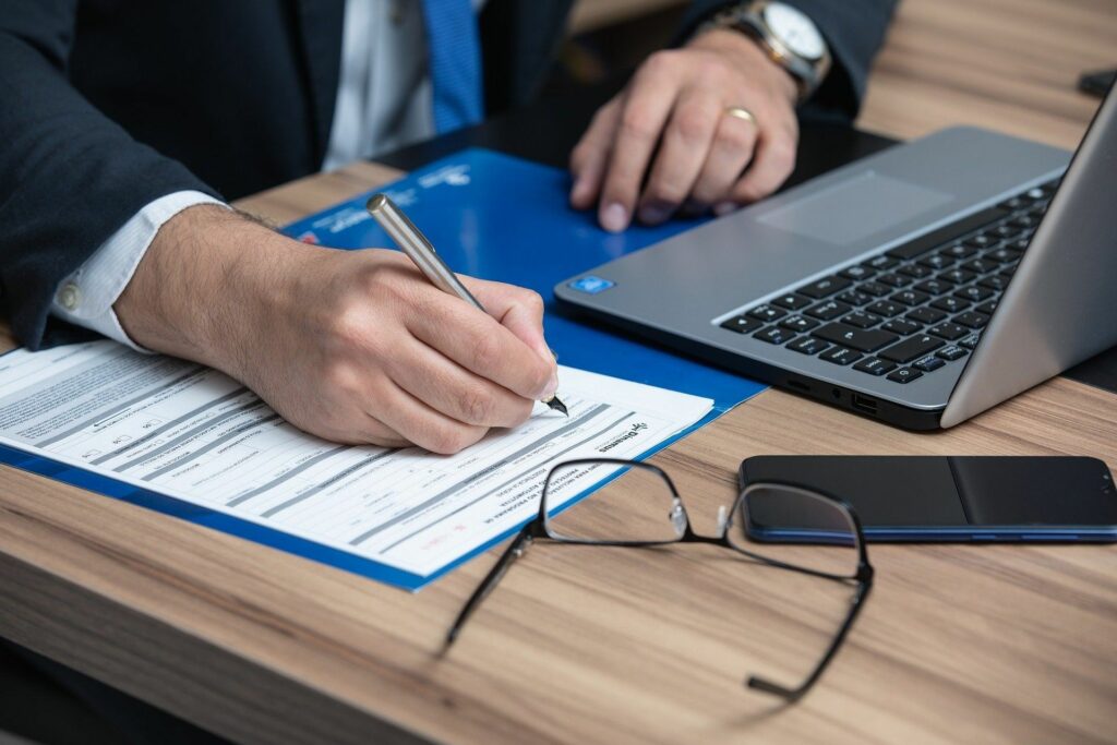  A person properly filling out workers comp paperwork.