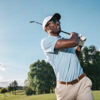 Smiling african american man in cap and sunglasses playing golf