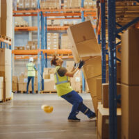 Shot of a Warehouse Worker Has Work Related Accident. He is Falling Down BeforeTrying to Pick Up Heavy Cardboard Box from the Shelf. Hard Injury at Work.