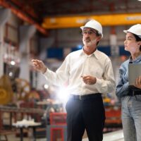 two professional engineer,worker,technician use clipboard discuss work, walk in steel metal manufacture factory plant industry. Black African American man and woman wear hard hat check quality machine