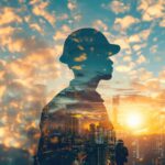 Double exposure of a construction worker silhouette against a city skyline at sunset, highlighting urban labor and beauty. Double exposure of a construction worker silhouette against a city skyline at sunset, highlighting urban labor and beauty.