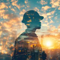 Double exposure of a construction worker silhouette against a city skyline at sunset, highlighting urban labor and beauty. Double exposure of a construction worker silhouette against a city skyline at sunset, highlighting urban labor and beauty.