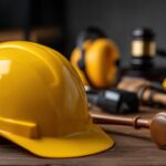 Close-up view of a yellow hard hat, prominently featured in the foreground, resting on a dark brown wooden surface.