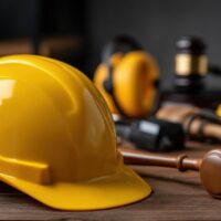 Close-up view of a yellow hard hat, prominently featured in the foreground, resting on a dark brown wooden surface.