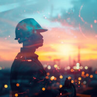 Worker holding tool with Twilight time on Labor Day double exposure
