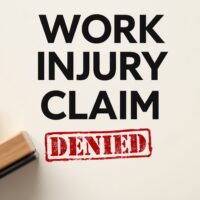 A clear depiction of a denied work injury claim with a prominent red stamp and wooden rubber stamp. Perfect for illustrating legal or insurance-related content.