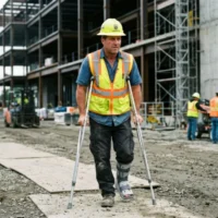 Construction worker on crutches at active building site with safety equipment and team. Workplace injury recovery, occupational safety, workers compensation, disability accommodation.
