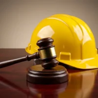 Wooden judge gavel and yellow hard hat on polished mahogany table reflecting labor law construction regulations industrial safety standards justice system and worker compensation