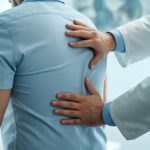 Doctor examining a patient's back in a medical consultation checking spine and posture