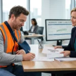 a-construction-worker-and-a-woman-in-a-business-suit-are-discussing-a-workers-compensation-claim-form