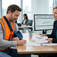 a-construction-worker-and-a-woman-in-a-business-suit-are-discussing-a-workers-compensation-claim-form a-construction-worker-and-a-woman-in-a-business-suit-are-discussing-a-workers-compensation-claim-form