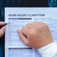 filling-up-a-work-injury-claim-form-with-a-wrapped-hand-on-top-of-an-xray-film-medical-and-insurance-concept